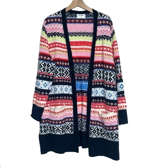 Old Navy‎ 1X plus-size blue & multicolor fair isle open long cardigan - Picture 1 of 5